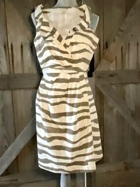 J.Crew Striped Cotton Dress Size 4 Ruffle Neck Taupe Cream Preppy Coastal Mini